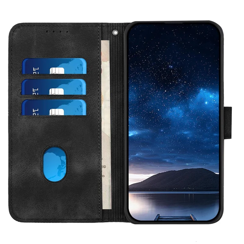 For iPhone 16 Plus Leather Wallet Case Butterfly Flower Imprinted Phone Cover with Strap - Black