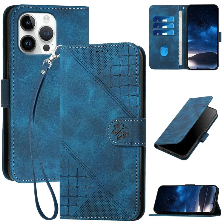 YX0080 Para Iphone 16 Pro Max Case Butterfly Impresión de la Billetera de Cuero Cover - Zafiro