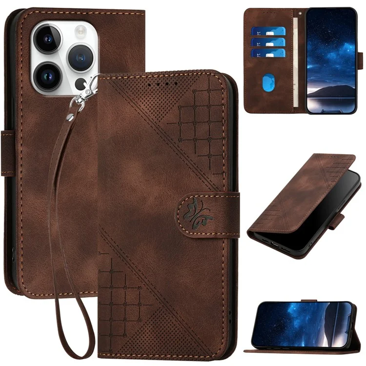 YX0080 Para Iphone 16 Pro Case Butterfly Impresión de la Billetera de Cuero Cover - Marrón
