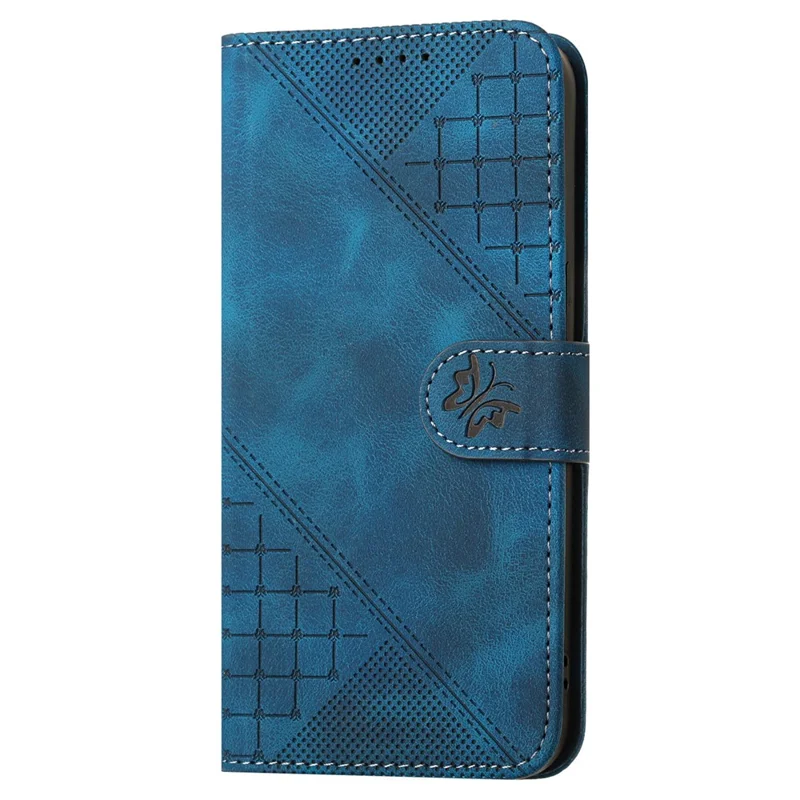 For iPhone 15 Plus Leather Wallet Case Butterfly Flower Imprinted Phone Cover with Strap - Sapphire