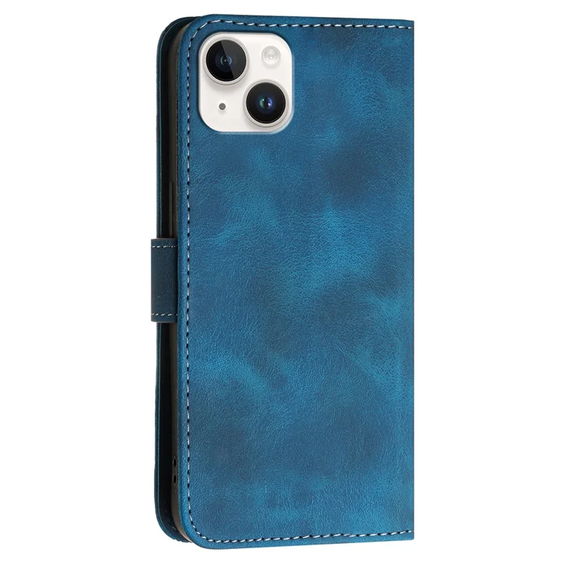 For iPhone 15 Plus Leather Wallet Case Butterfly Flower Imprinted Phone Cover with Strap - Sapphire