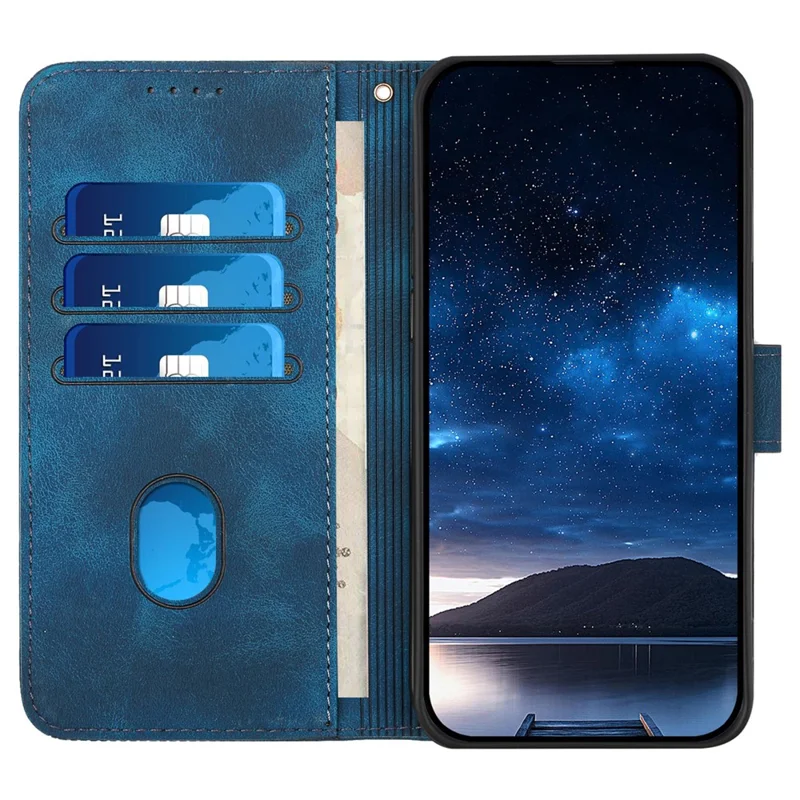 For iPhone 15 Plus Leather Wallet Case Butterfly Flower Imprinted Phone Cover with Strap - Sapphire