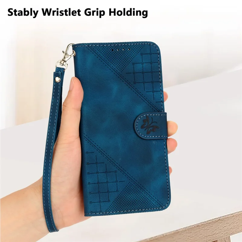 For iPhone 15 Plus Leather Wallet Case Butterfly Flower Imprinted Phone Cover with Strap - Sapphire