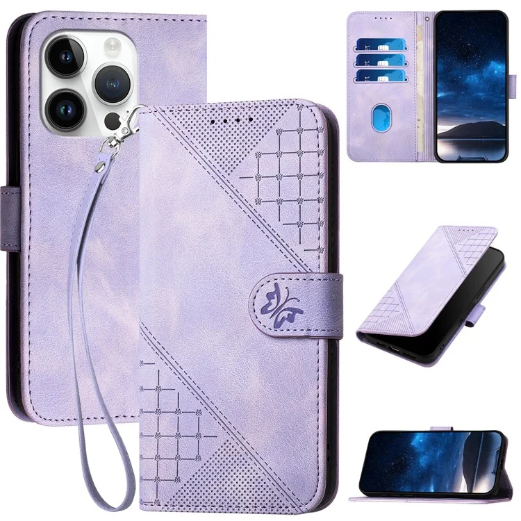 YX0080 Para Iphone 15 Pro Case Butterfly Impresión de la Billetera de Cuero Cubierta de Teléfono - Púrpura Ligera