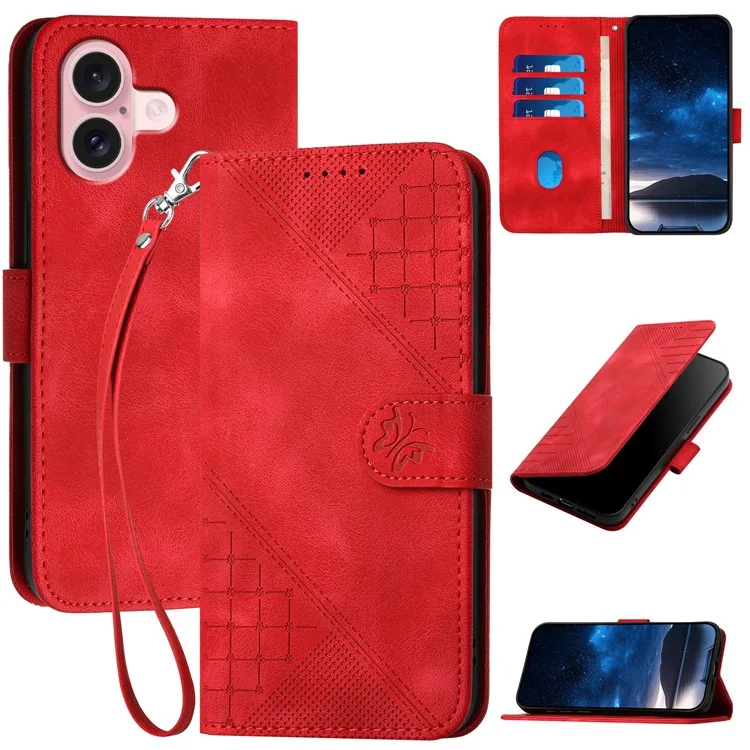 YX0080 Per iPhone 16 Case Butterfly Imprint Leather Wallet Phone Cover - Rosso