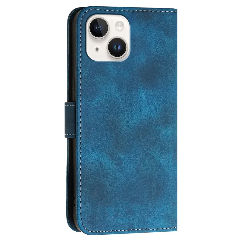 For iPhone 15 Leather Wallet Case Butterfly Flower Imprinted Phone Cover with Strap - Sapphire