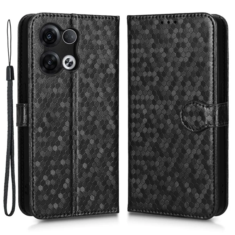 Pour Oppo Reno8 Pro 5G / Reno8 Pro + 5G (version Globale) Repousser du Fermoir à Point de Pavé en Cuir PU Imprimé Couvercle de Téléphone de Portefeuille Anti-dépassement du Portefeuille - le Noir