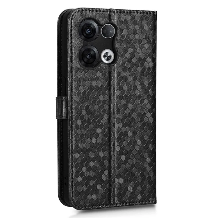 Pour Oppo Reno8 Pro 5G / Reno8 Pro + 5G (version Globale) Repousser du Fermoir à Point de Pavé en Cuir PU Imprimé Couvercle de Téléphone de Portefeuille Anti-dépassement du Portefeuille - le Noir