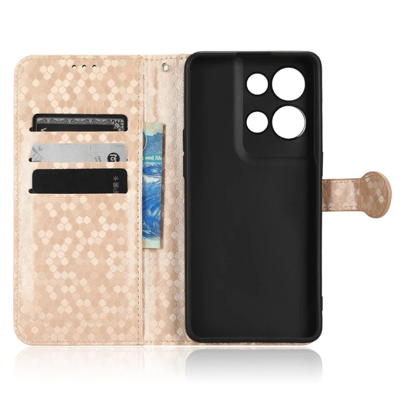 For Oppo Reno8 5G (Global Version) Phone Case Anti-drop Wallet Phone Cover Magnetic Clasp Dot Pattern Imprinted PU Leather Stand Case - Gold