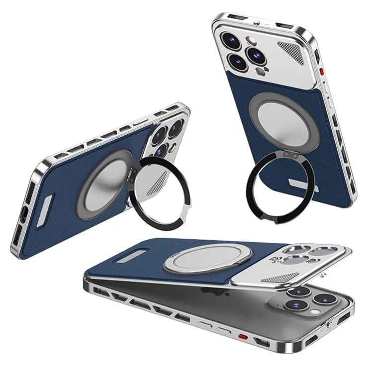 Para Iphone 13 Pro Case Magnetic Plate Back Plate + Metal Frame Cover Con Kickstand - Plata / Azul Oscuro