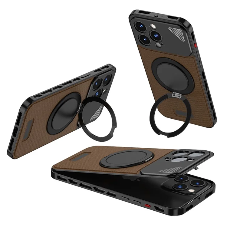 Для Iphone 14 Pro Max Case Case Magnetic Закрытие Задней Пластины + Металлическая Каркавая Крышка Телефона с Kickstand - Черный / Темно -коричневый