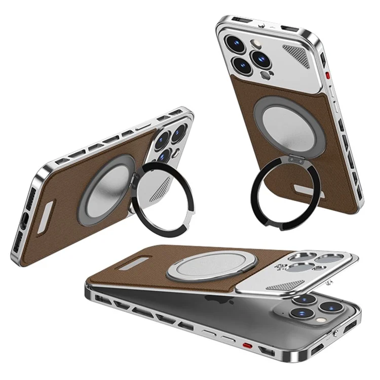 Para Iphone 15 Pro Case Magnetic Plate Back Plate + Metal Frame Cover Con Kickstand - Plata / Marrón Oscuro