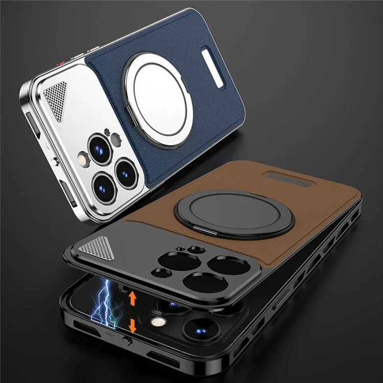 Para Iphone 15 Pro Case Magnetic Plate Back Plate + Metal Frame Cover Con Kickstand - Plata / Marrón Oscuro