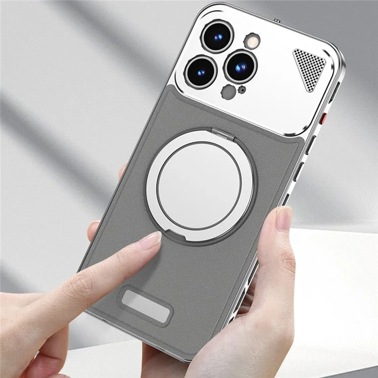 Para Iphone 15 Pro Case Magnetic Plate Back Plate + Metal Frame Cover Con Kickstand - Plata / Marrón Oscuro