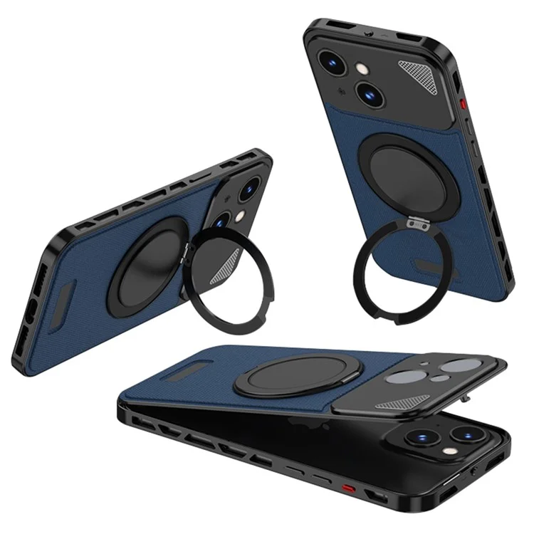 Para Iphone 15 Case de Fechamento Magnético Placa Traseira + Tampa de Telefone de Metal Com Kickstand - Preto / Azul Escuro