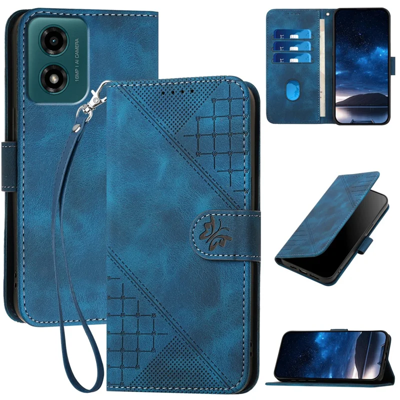 YX0080 Для Motorola Moto E14 4G / G04 4G / G04s 4G / G24 4G Case Butterfly Imprint Кожаный Кожаный Телефон Телефон - Сапфир