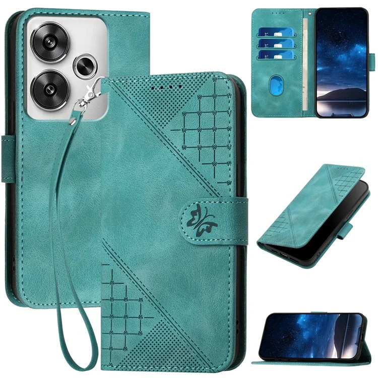 YX0080 Per Xiaomi Poco F6 5G / Redmi Turbo 3 5G Custodia Wallet Pelle Tessitura Farfalla - Blu Neonato