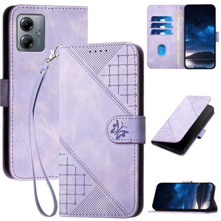 YX0080 Para Motorola Moto G54 5G / G14 4G Case Butterfly Impresión de la Billetera de Cuero Cubierta Del Teléfono - Púrpura Ligera