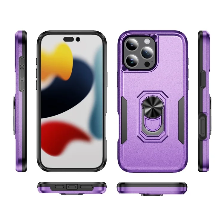 Per iPhone 16 Pro Max Custodia Grado Militare Anello Supporto PC + TPU Cover per Telefono - Viola + Nero