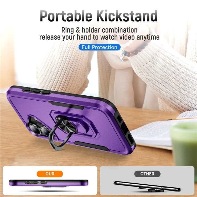 Per iPhone 16 Custodia Grado Militare Anello Supporto PC+TPU Custodia per Telefono - Viola+Nero