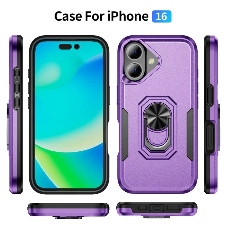 Per iPhone 16 Custodia Grado Militare Anello Supporto PC+TPU Custodia per Telefono - Viola+Nero