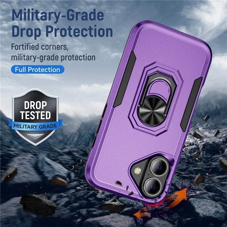 Per iPhone 16 Custodia Grado Militare Anello Supporto PC+TPU Custodia per Telefono - Viola+Nero