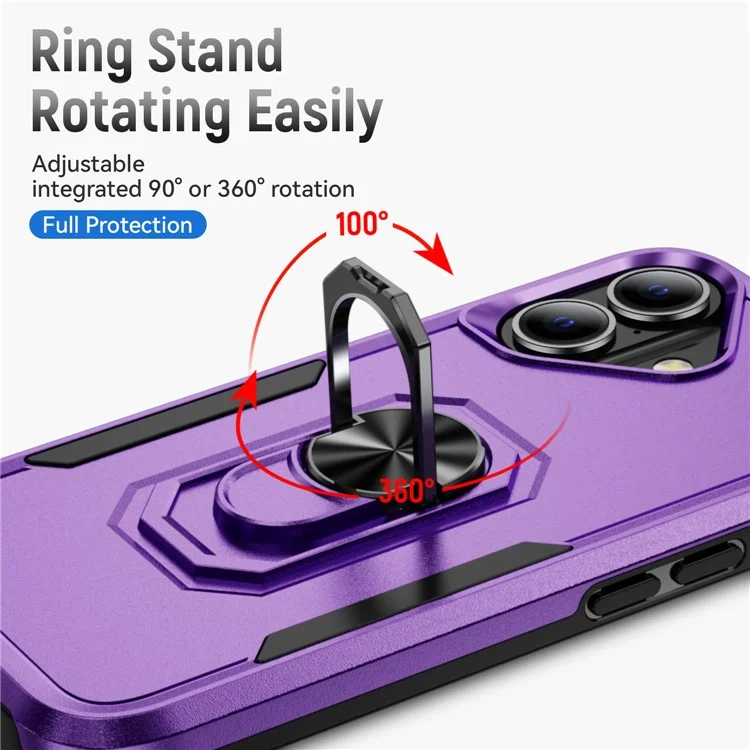 Per iPhone 16 Custodia Grado Militare Anello Supporto PC+TPU Custodia per Telefono - Viola+Nero