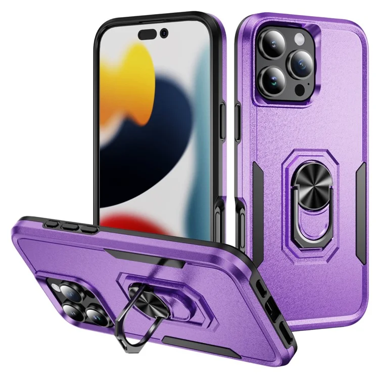 Per iPhone 16 Pro Case Grado Militare Anello Kickstand PC+TPU Copertura del telefono - Viola+Nero