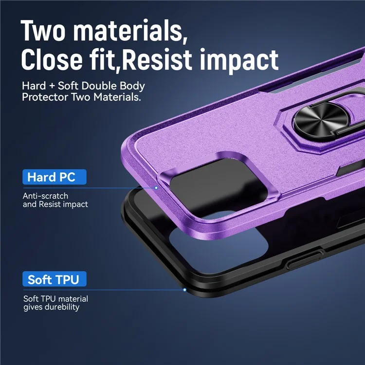 Per iPhone 16 Pro Case Grado Militare Anello Kickstand PC+TPU Copertura del telefono - Viola+Nero