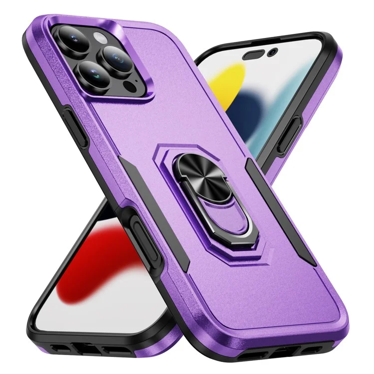 Per iPhone 16 Pro Case Grado Militare Anello Kickstand PC+TPU Copertura del telefono - Viola+Nero
