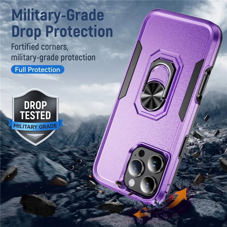 Per iPhone 16 Pro Case Grado Militare Anello Kickstand PC+TPU Copertura del telefono - Viola+Nero