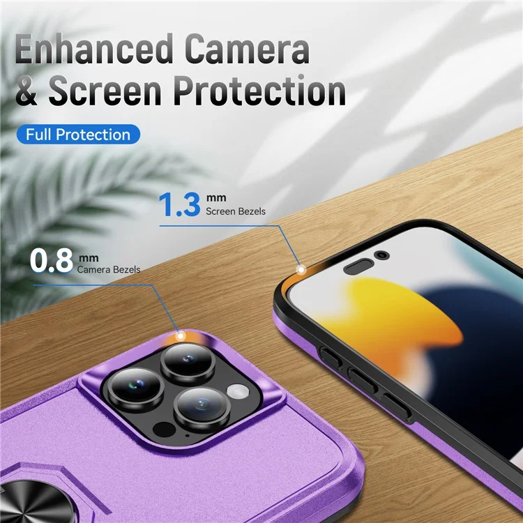 Per iPhone 16 Pro Case Grado Militare Anello Kickstand PC+TPU Copertura del telefono - Viola+Nero