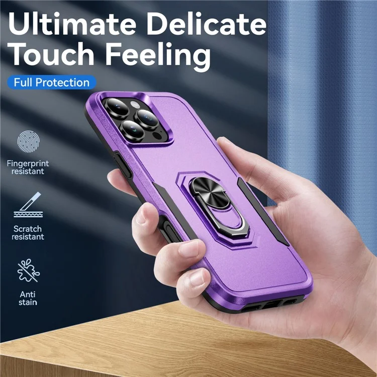 Per iPhone 16 Pro Case Grado Militare Anello Kickstand PC+TPU Copertura del telefono - Viola+Nero