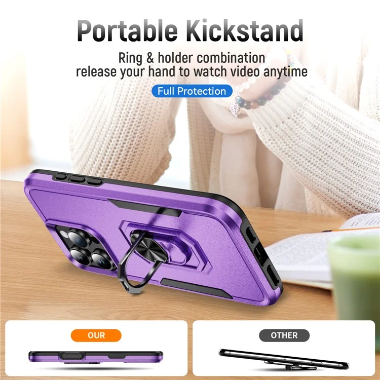 Per iPhone 16 Pro Case Grado Militare Anello Kickstand PC+TPU Copertura del telefono - Viola+Nero