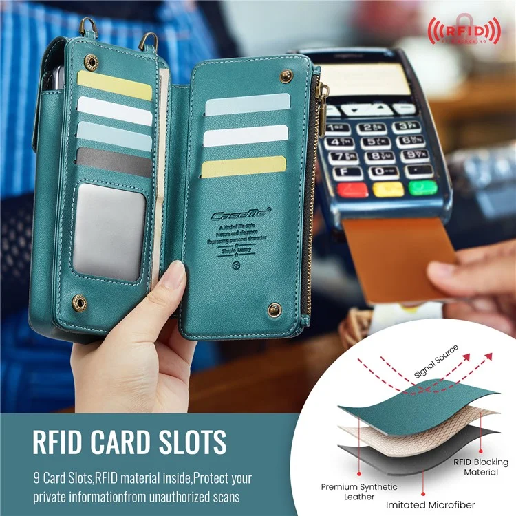 CASEME ME50 Borsa a tracolla per telefono pieghevole RFID Blocking Wallet Glossy Leather Crossbody Phone Bag - Blu