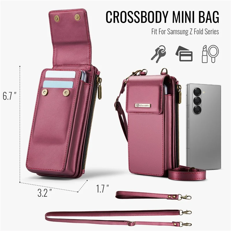 CASEME ME50 Phone Shoulder Bag for Samsung Galaxy Z Fold7 5G / Z Fold6 5G / Z Fold5 5G / Z Fold4 5G / Z Fold3 5G RFID Blocking Leather Pouch - Red