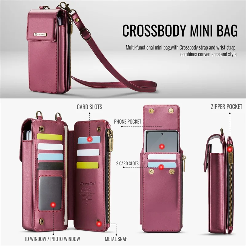 CASEME ME50 Phone Shoulder Bag for Samsung Galaxy Z Fold7 5G / Z Fold6 5G / Z Fold5 5G / Z Fold4 5G / Z Fold3 5G RFID Blocking Leather Pouch - Red