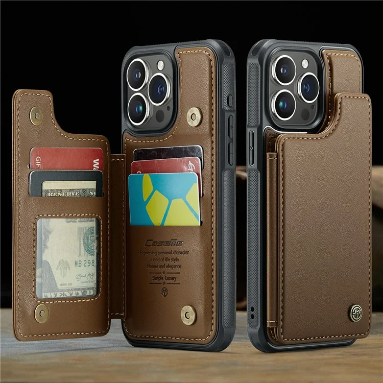 CASEME C22 Series Para iPhone 16 Pro Max Funda de Cuero + TPU Cubierta Bloqueo RFID 5 Ranuras para Tarjetas - Marrón