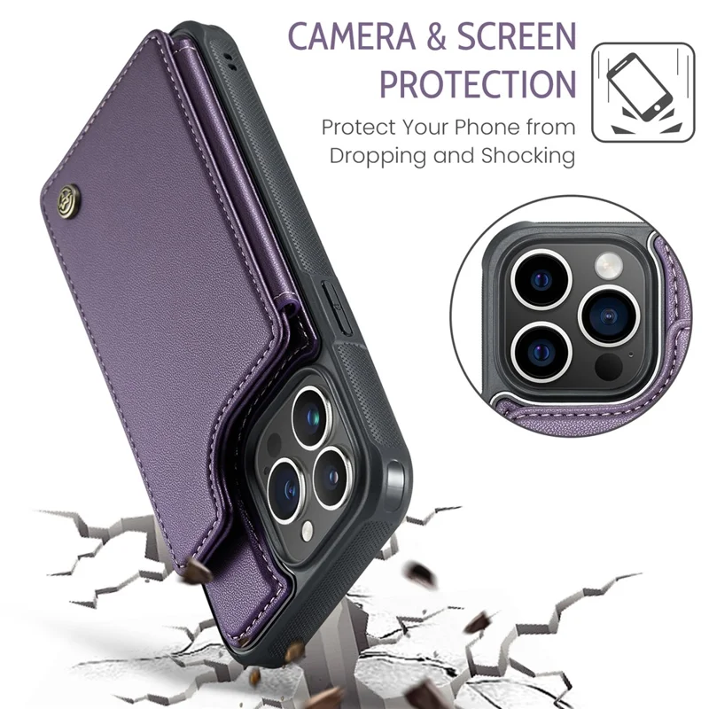 For iPhone 16 Pro Max Phone Case CASEME C22 Leather Back Cover with RFID Blocking Card Slots - Purple