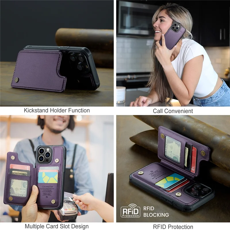 For iPhone 16 Pro Max Phone Case CASEME C22 Leather Back Cover with RFID Blocking Card Slots - Purple