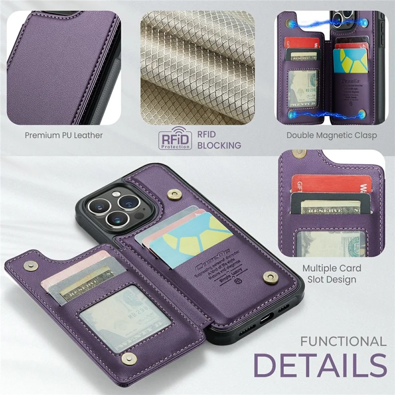 For iPhone 16 Pro Max Phone Case CASEME C22 Leather Back Cover with RFID Blocking Card Slots - Purple
