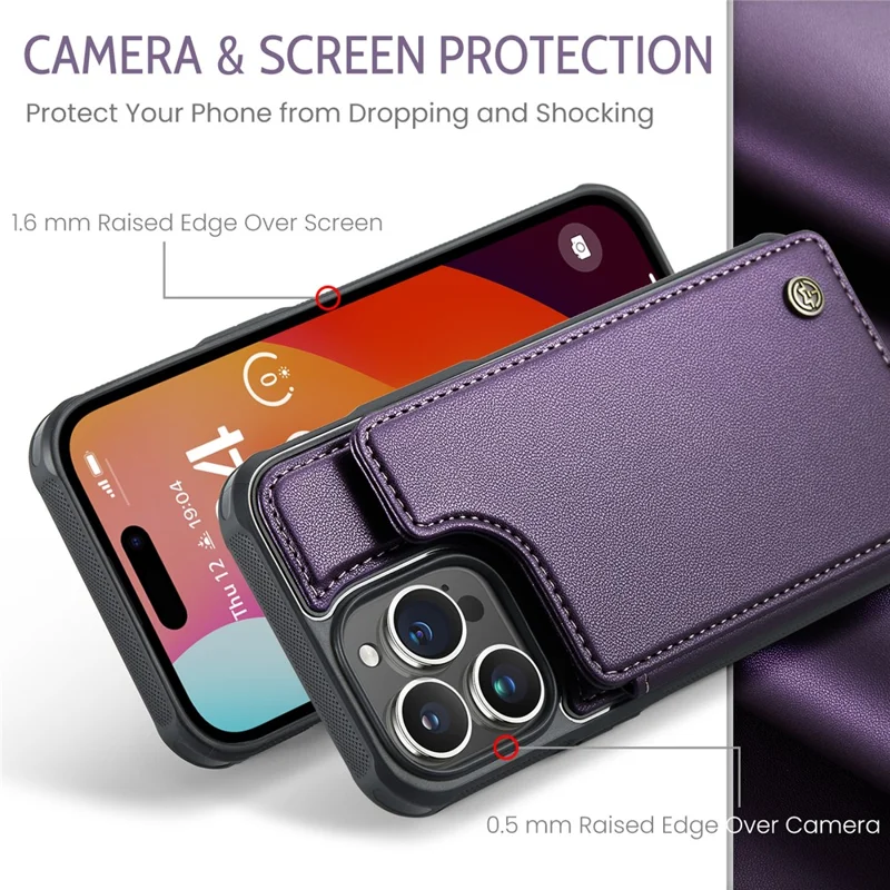 For iPhone 16 Pro Max Phone Case CASEME C22 Leather Back Cover with RFID Blocking Card Slots - Purple