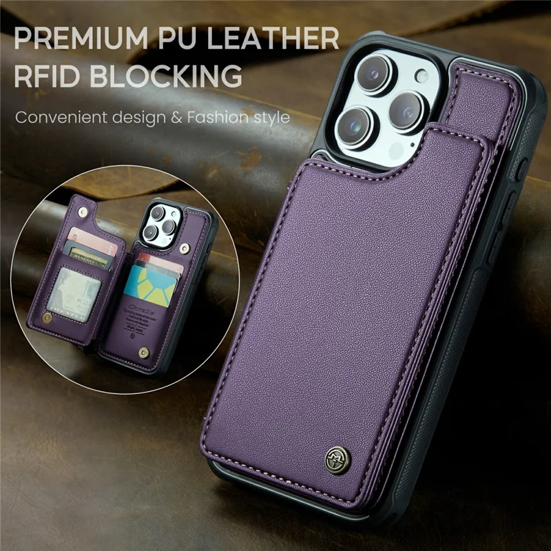 For iPhone 16 Pro Max Phone Case CASEME C22 Leather Back Cover with RFID Blocking Card Slots - Purple