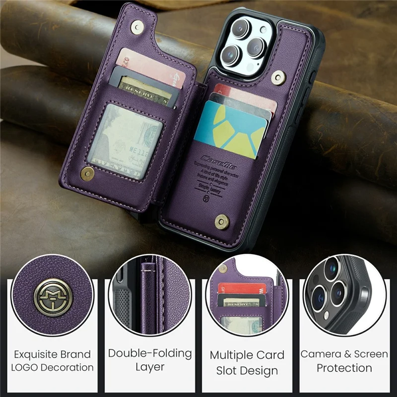 For iPhone 16 Pro Max Phone Case CASEME C22 Leather Back Cover with RFID Blocking Card Slots - Purple