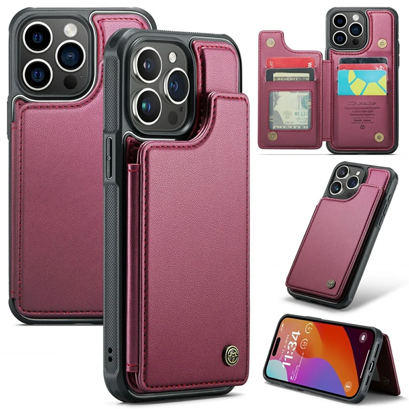 For iPhone 16 Pro Max Phone Case CASEME C22 Leather Back Cover with RFID Blocking Card Slots - Red