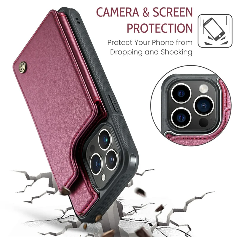 For iPhone 16 Pro Max Phone Case CASEME C22 Leather Back Cover with RFID Blocking Card Slots - Red