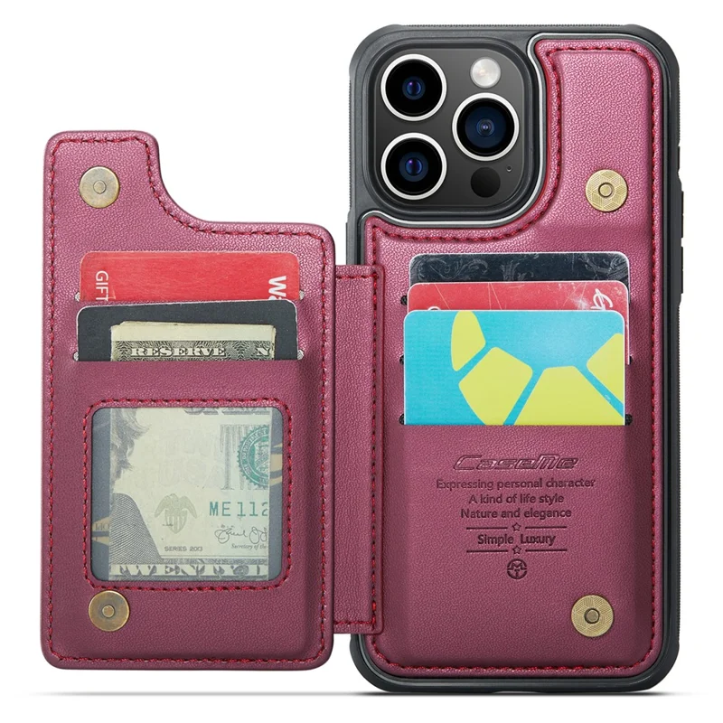 For iPhone 16 Pro Max Phone Case CASEME C22 Leather Back Cover with RFID Blocking Card Slots - Red