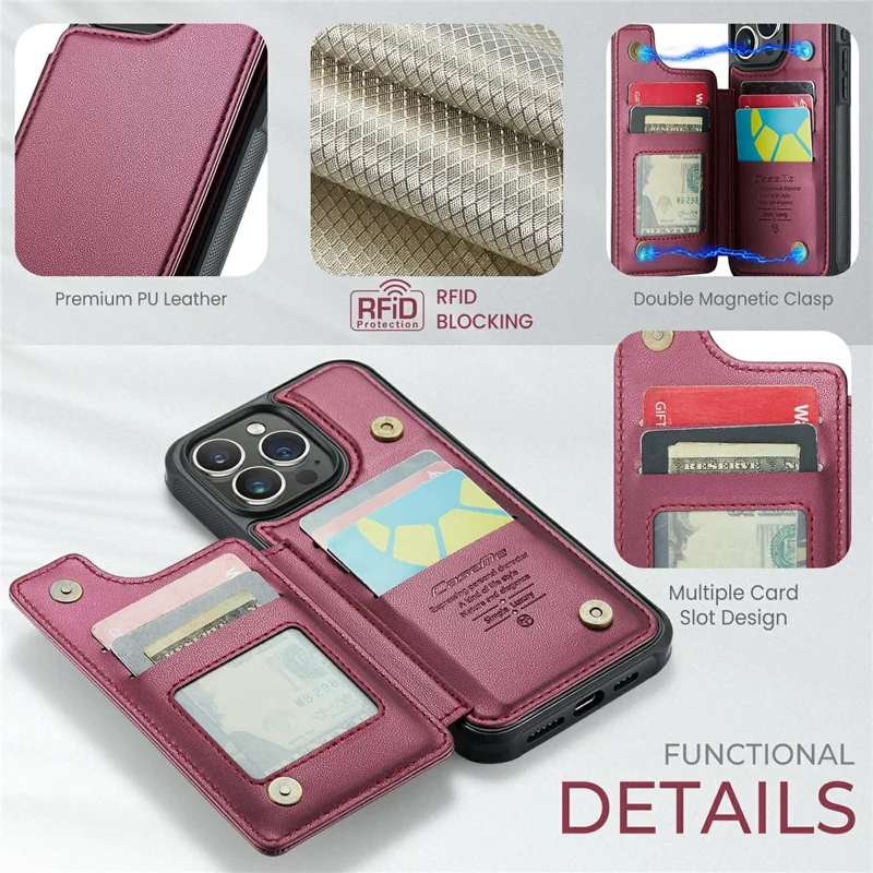 For iPhone 16 Pro Max Phone Case CASEME C22 Leather Back Cover with RFID Blocking Card Slots - Red