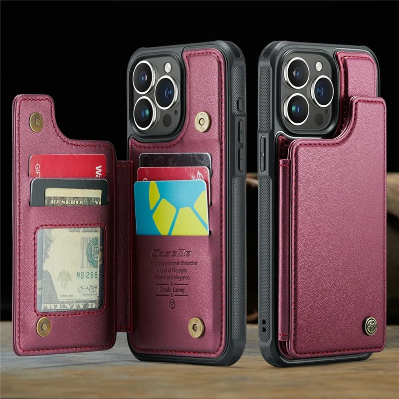 For iPhone 16 Pro Max Phone Case CASEME C22 Leather Back Cover with RFID Blocking Card Slots - Red