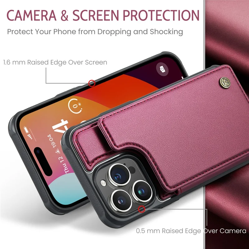 For iPhone 16 Pro Max Phone Case CASEME C22 Leather Back Cover with RFID Blocking Card Slots - Red